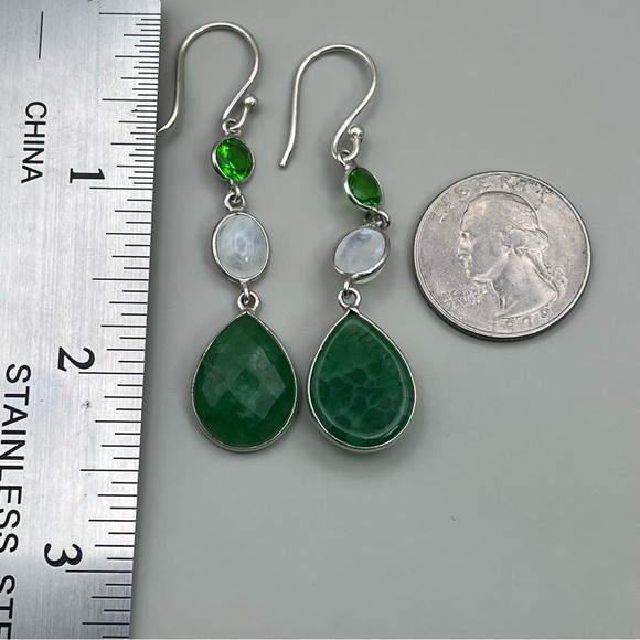 New Faceted Green Emerald and Moonstone Stone Silver Overlay Earrings - Picture 4 of 7